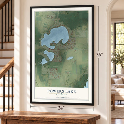 Powers Lake, Wisconsin map, 24 x 36 inch print in a black frame by a staircase
