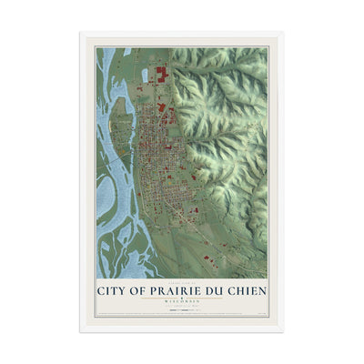 Map of Prairie du Chien, Wisconsin, 12 x 18 inch print in a white wood frame