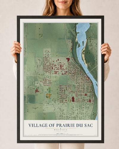 Map of Prairie du Sac, Wisconsin, 24 x 36 inch print in a black wood frame