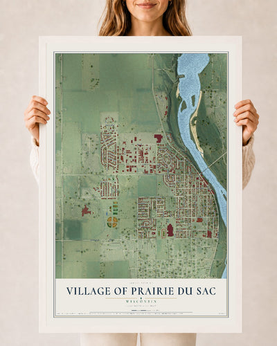 Map of Prairie du Sac, Wisconsin, 24 x 36 inch print in a white wood frame