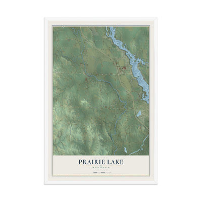 Map of Prairie Lake, Wisconsin, 12 x 18 inch print in a white wood frame