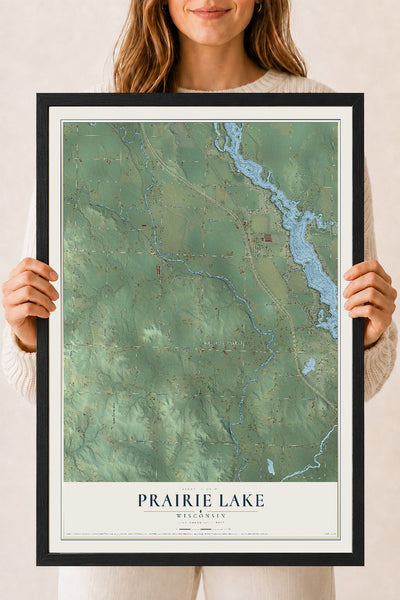 Map of Prairie Lake, Wisconsin, 18 x 24 inch print in a black wood frame