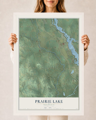 Map of Prairie Lake, Wisconsin, 24 x 36 inch print in a white wood frame