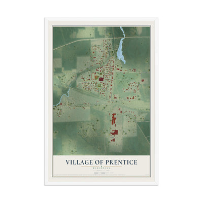 Map of Prentice, Wisconsin, 12 x 18 inch print in a white wood frame