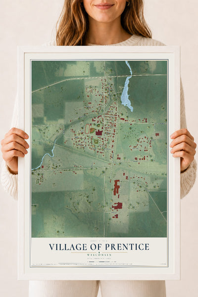 Map of Prentice, Wisconsin, 18 x 24 inch print in a white wood frame