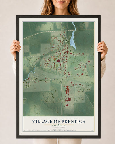 Map of Prentice, Wisconsin, 24 x 36 inch print in a black wood frame