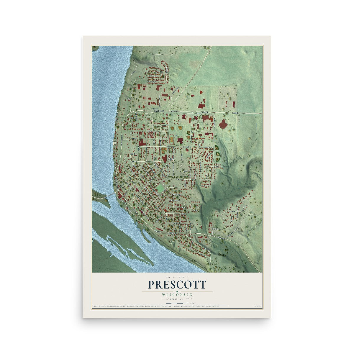 Map of Prescott, Wisconsin, 12 x 18 inch unframed archival matte print