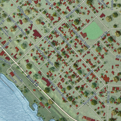 Close-up of the map of Prescott, Wisconsin print showing street and building detail