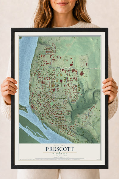 Map of Prescott, Wisconsin, 18 x 24 inch print in a black wood frame