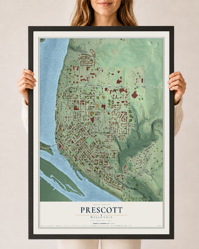 Map of Prescott, Wisconsin, 24 x 36 inch print in a black wood frame