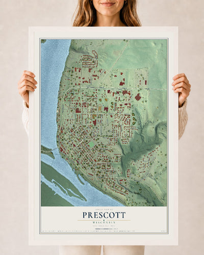 Map of Prescott, Wisconsin, 24 x 36 inch print in a white wood frame