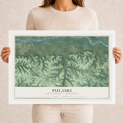 Map of Pulaski, Iowa County, Wisconsin, 12 x 18 inch print in a white wood frame