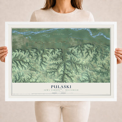Map of Pulaski, Iowa County, Wisconsin, 18 x 24 inch print in a white wood frame