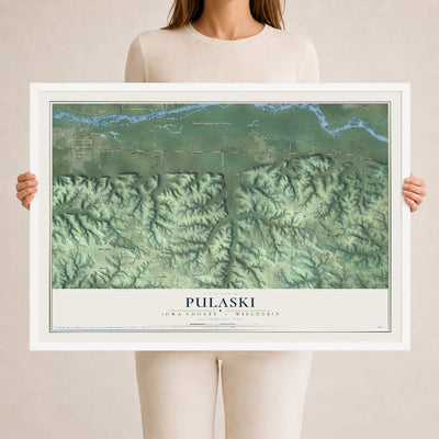 Map of Pulaski, Iowa County, Wisconsin, 24 x 36 inch print in a white wood frame