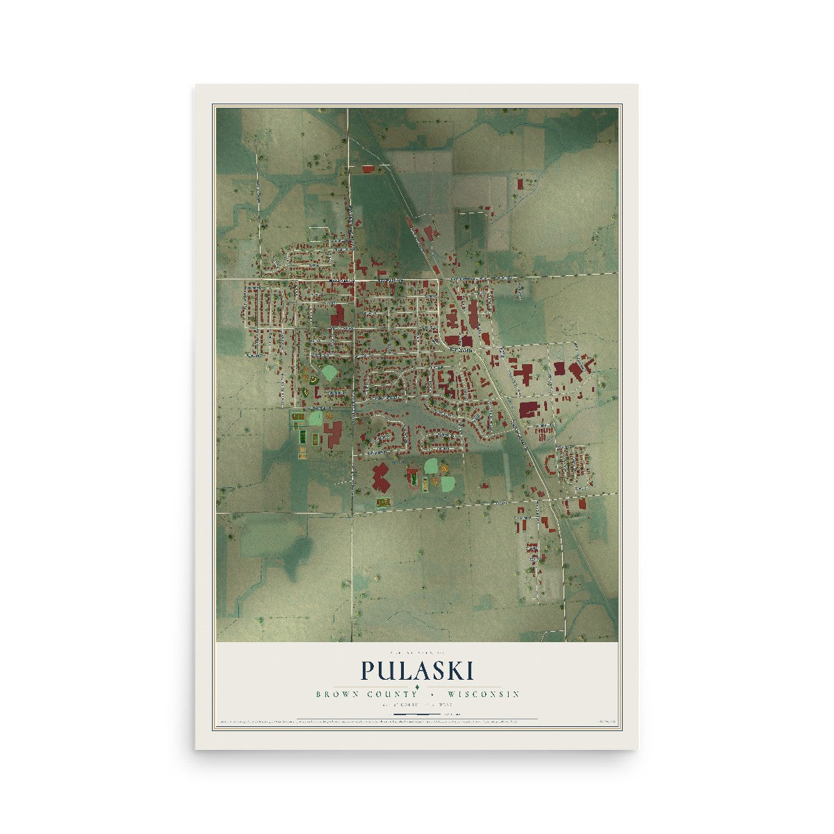 Map of Pulaski, Brown County, Wisconsin, 12 x 18 inch unframed archival matte print