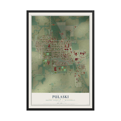 Map of Pulaski, Brown County, Wisconsin, 12 x 18 inch print in a black wood frame