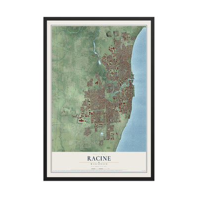 Map of Racine, Wisconsin, 12 x 18 inch print in a black wood frame