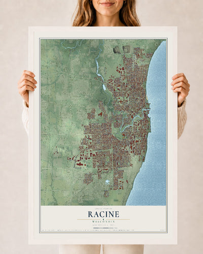 Map of Racine, Wisconsin, 24 x 36 inch print in a white wood frame