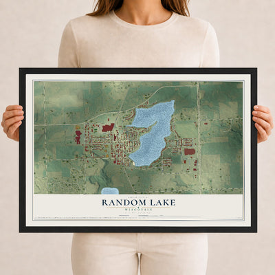 Map of Random Lake, Wisconsin, 12 x 18 inch print in a black wood frame