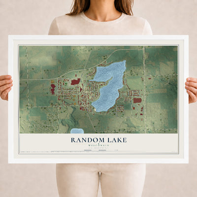 Map of Random Lake, Wisconsin, 18 x 24 inch print in a white wood frame