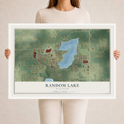Map of Random Lake, Wisconsin, 24 x 36 inch print in a white wood frame