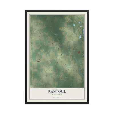 Map of Rantoul, Wisconsin, 12 x 18 inch print in a black wood frame