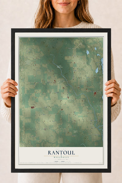 Map of Rantoul, Wisconsin, 18 x 24 inch print in a black wood frame