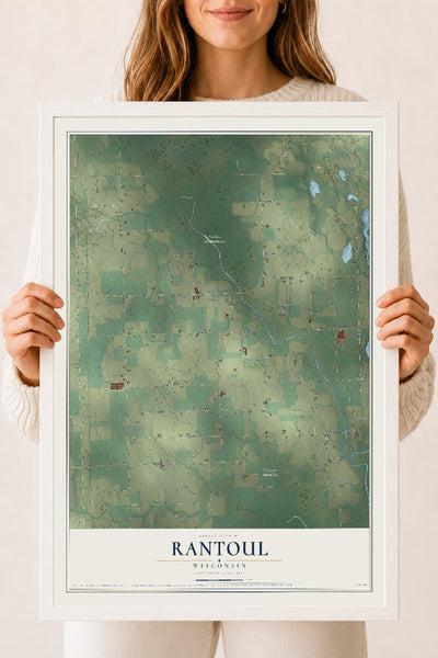 Map of Rantoul, Wisconsin, 18 x 24 inch print in a white wood frame