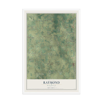 Map of Raymond, Wisconsin, 12 x 18 inch print in a white wood frame