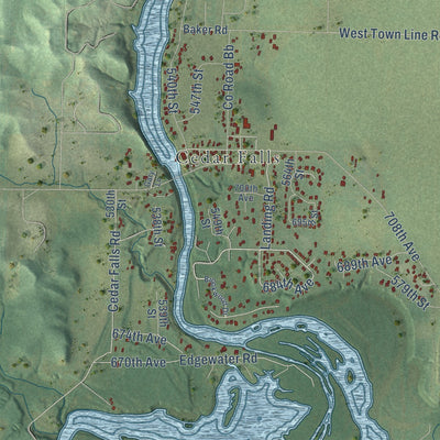 Close-up of the map of Red Cedar, Wisconsin print showing street and building detail