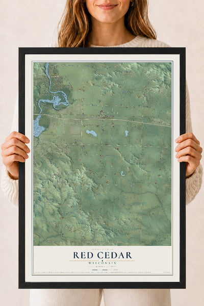 Map of Red Cedar, Wisconsin, 18 x 24 inch print in a black wood frame