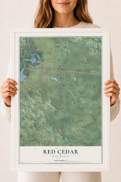 Map of Red Cedar, Wisconsin, 18 x 24 inch print in a white wood frame