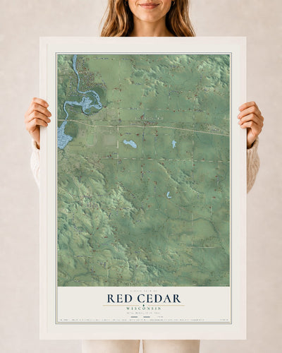Map of Red Cedar, Wisconsin, 24 x 36 inch print in a white wood frame