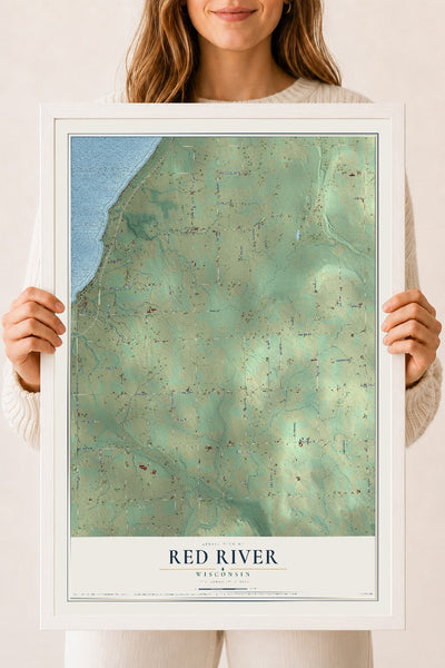 Map of Red River, Wisconsin, 18 x 24 inch print in a white wood frame