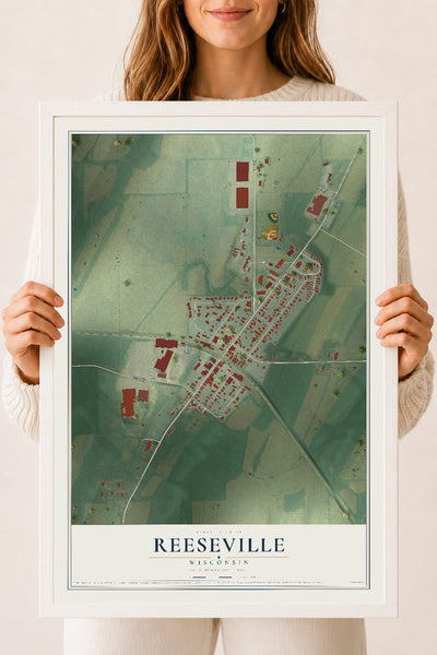 Map of Reeseville, Wisconsin, 18 x 24 inch print in a white wood frame