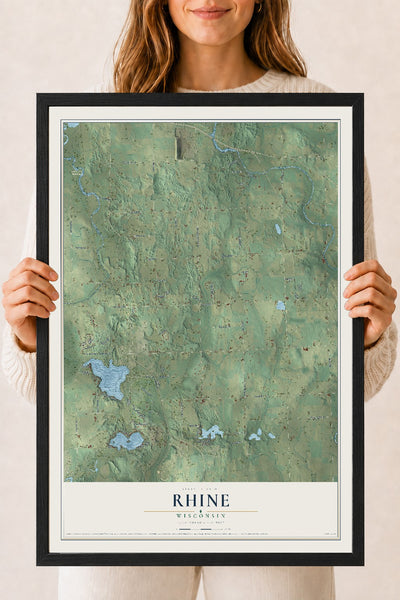 Map of Rhine, Wisconsin, 18 x 24 inch print in a black wood frame