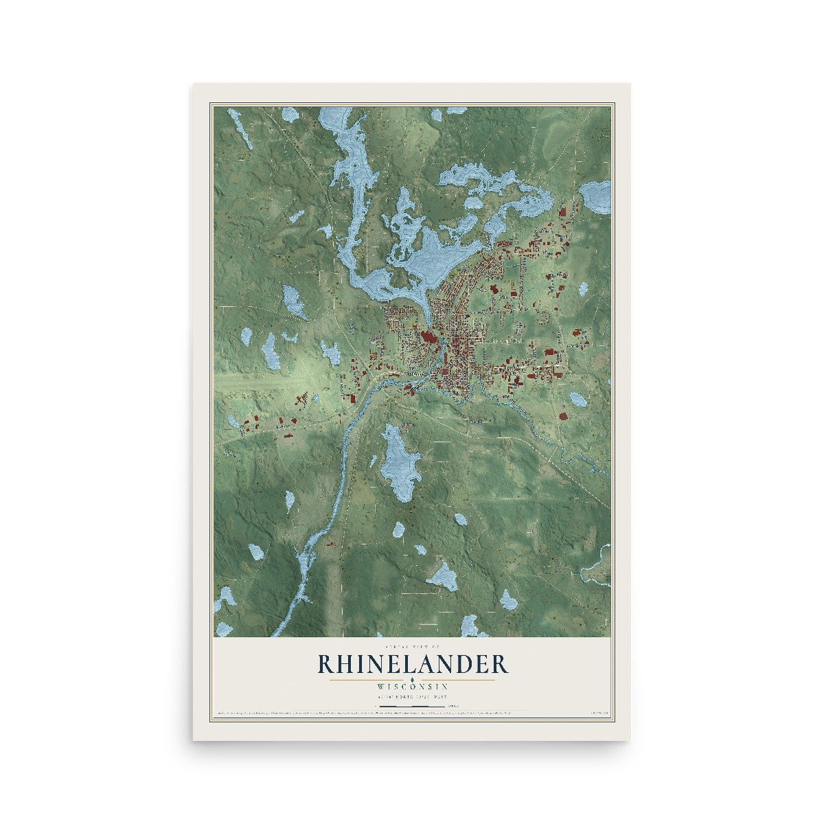 Map of Rhinelander, Wisconsin, 12 x 18 inch unframed archival matte print