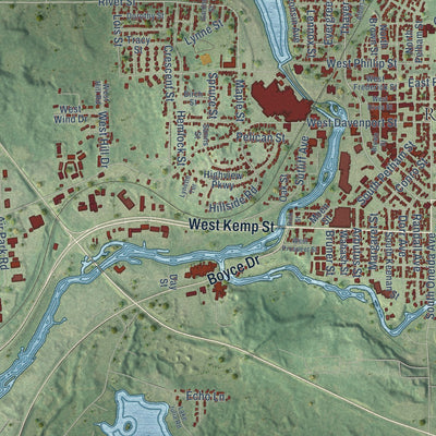 Close-up of the map of Rhinelander, Wisconsin print showing street and building detail