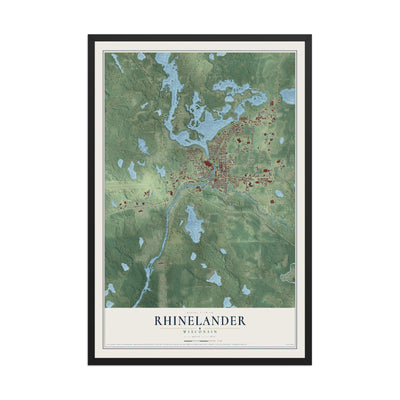 Map of Rhinelander, Wisconsin, 12 x 18 inch print in a black wood frame