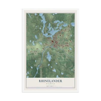 Map of Rhinelander, Wisconsin, 12 x 18 inch print in a white wood frame