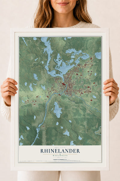 Map of Rhinelander, Wisconsin, 18 x 24 inch print in a white wood frame
