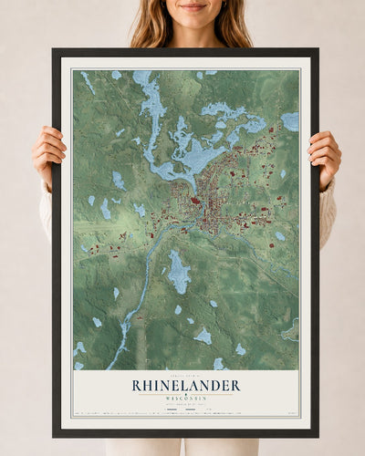Map of Rhinelander, Wisconsin, 24 x 36 inch print in a black wood frame