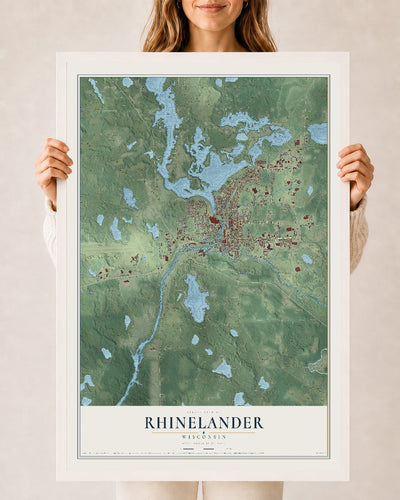 Map of Rhinelander, Wisconsin, 24 x 36 inch print in a white wood frame