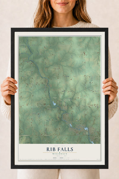 Map of Rib Falls, Wisconsin, 18 x 24 inch print in a black wood frame