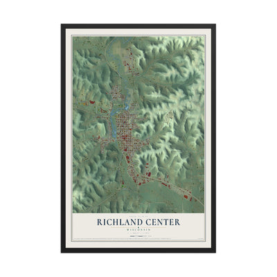 Map of Richland Center, Wisconsin, 12 x 18 inch print in a black wood frame