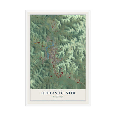 Map of Richland Center, Wisconsin, 12 x 18 inch print in a white wood frame