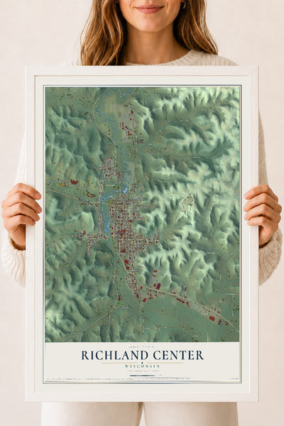 Map of Richland Center, Wisconsin, 18 x 24 inch print in a white wood frame