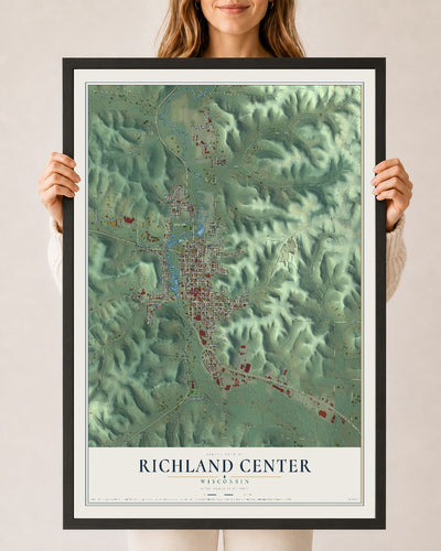 Map of Richland Center, Wisconsin, 24 x 36 inch print in a black wood frame