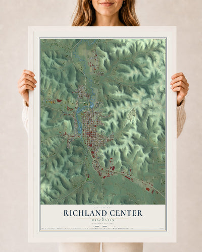 Map of Richland Center, Wisconsin, 24 x 36 inch print in a white wood frame