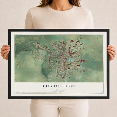 Map of Ripon, Wisconsin, 12 x 18 inch print in a black wood frame